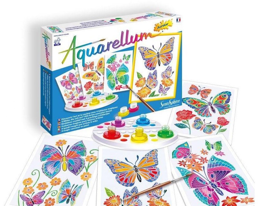 Акварельная раскраска - Цветы и бабочки, с красками и палитрой  